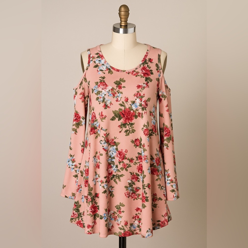 Popana Women Floral Cold Shoulder Swing Tunic Top Long Sleeve Pink Made in USA M